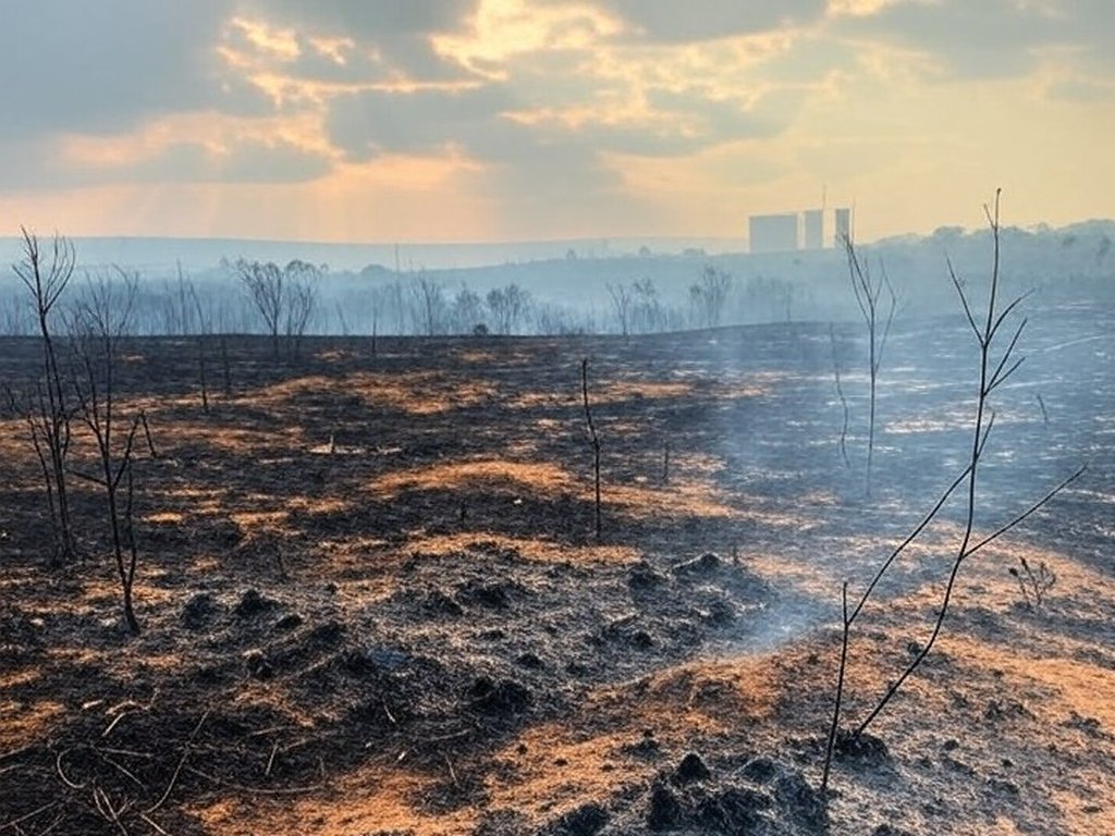 Área de vegetação queimada no Distrito Federal, com fumaça e terra carbonizada, representando críticas à lei contra queimadas.
