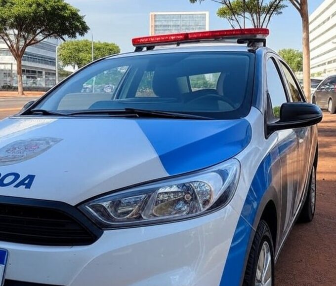 Viatura da PMDF em rua de Brasília, representando prisão de assaltante que agrediu idoso no Distrito Federal.