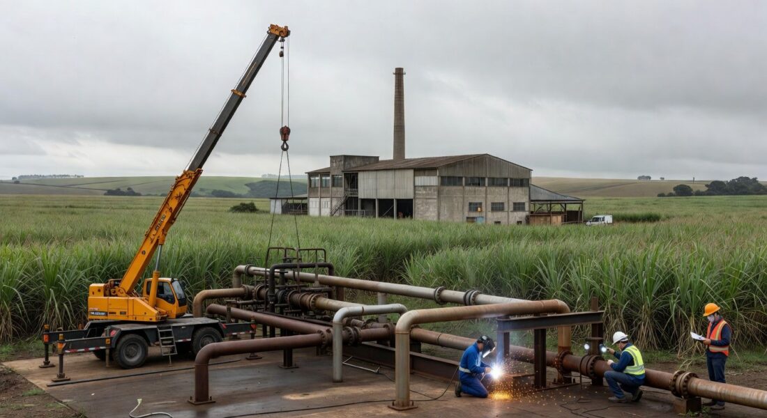 Usina de cana-de-açúcar em São Paulo com equipamentos em manutenção na entressafra, preparando para safra 2026.