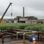 Usina de cana-de-açúcar em São Paulo com equipamentos em manutenção na entressafra, preparando para safra 2026.