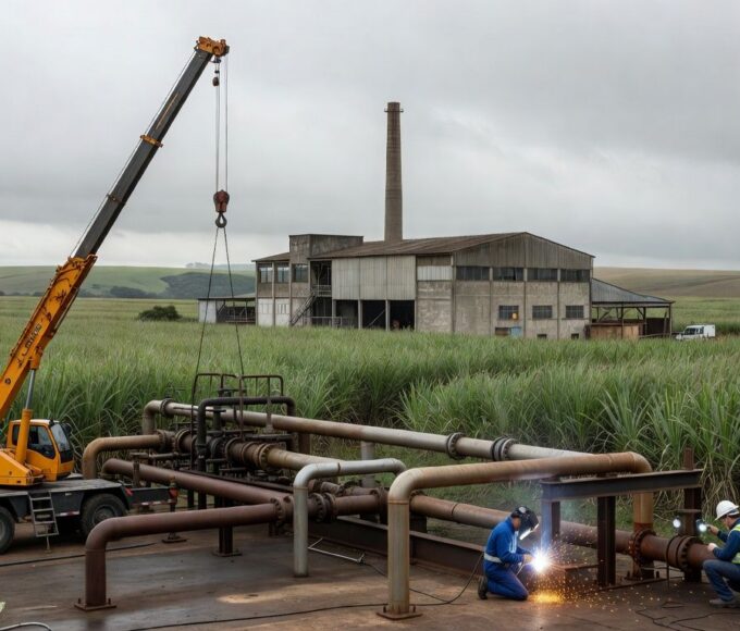 Usina de cana-de-açúcar em São Paulo com equipamentos em manutenção na entressafra, preparando para safra 2026.
