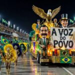 Desfile de carnaval no sambódromo do Rio homenageando figura política, com crítica da oposição e ameaça de ação judicial.