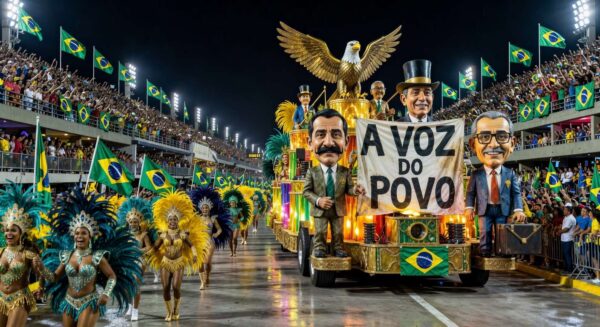 Desfile de carnaval no sambódromo do Rio homenageando figura política, com crítica da oposição e ameaça de ação judicial.