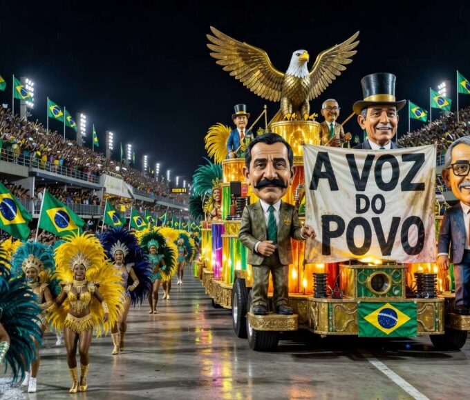 Desfile de carnaval no sambódromo do Rio homenageando figura política, com crítica da oposição e ameaça de ação judicial.