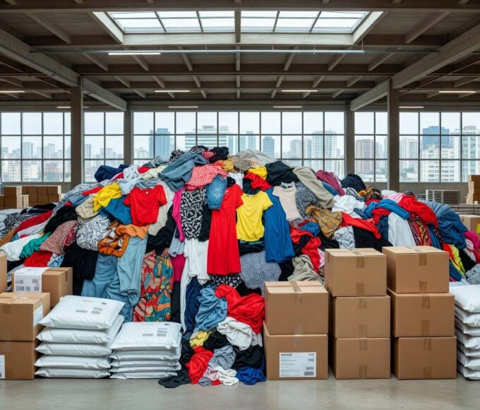 Pilha de roupas de moda rápida em armazém brasileiro, simbolizando investigação da UE contra Shein por produtos ilegais.