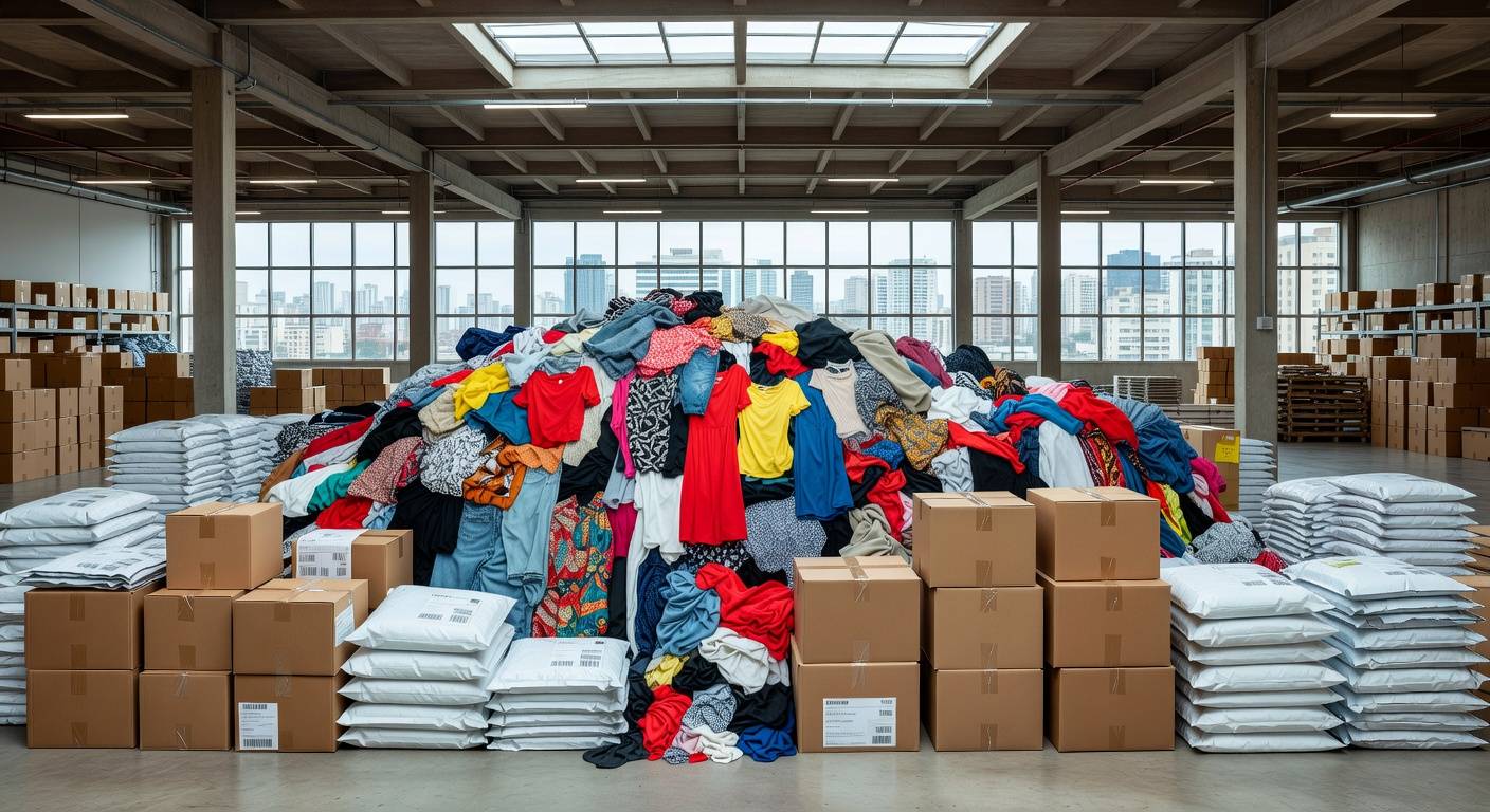 Pilha de roupas de moda rápida em armazém brasileiro, simbolizando investigação da UE contra Shein por produtos ilegais.