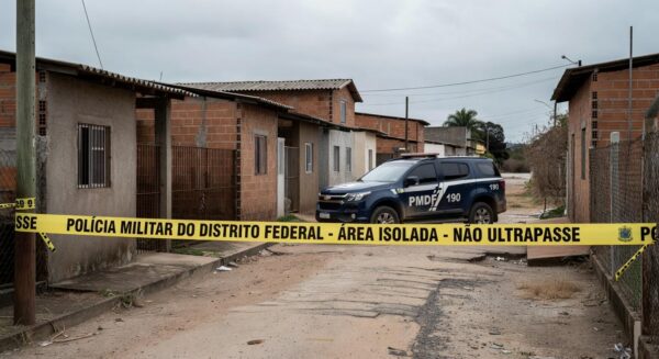 Rua residencial no Recanto das Emas com fita de isolamento policial e viatura da PMDF, representando cena de feminicídio.