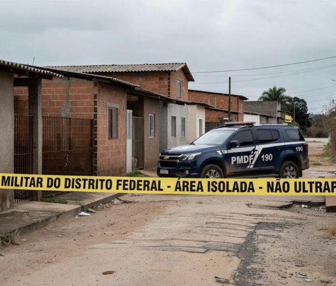 Rua residencial no Recanto das Emas com fita de isolamento policial e viatura da PMDF, representando cena de feminicídio.