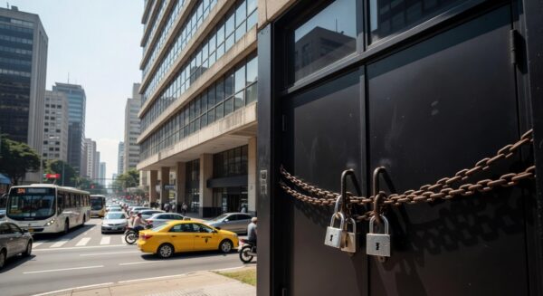 Edifício de banco fechado em São Paulo, representando liquidação extrajudicial pelo Banco Central.