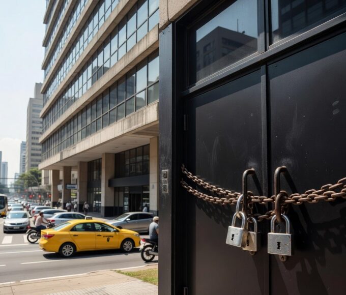 Edifício de banco fechado em São Paulo, representando liquidação extrajudicial pelo Banco Central.