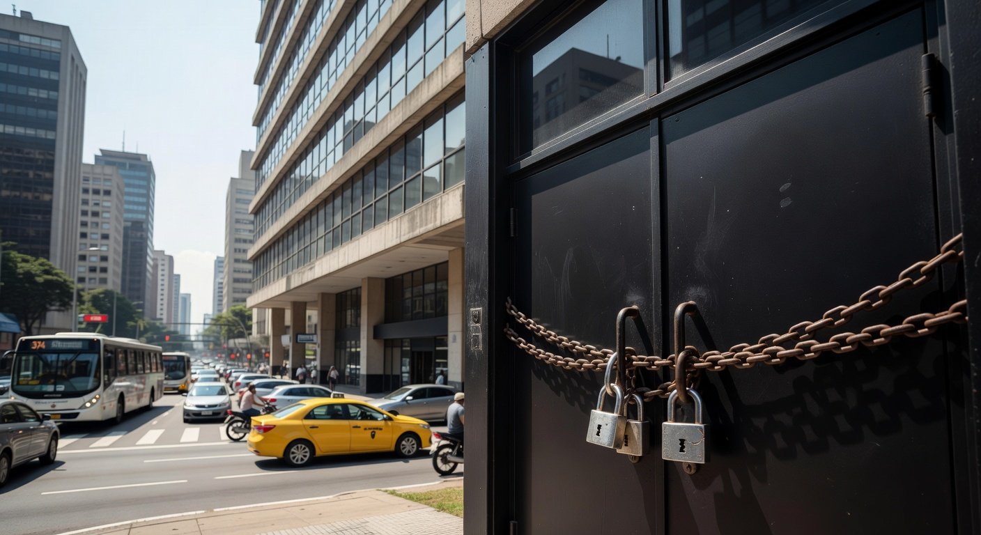 Edifício de banco fechado em São Paulo, representando liquidação extrajudicial pelo Banco Central.