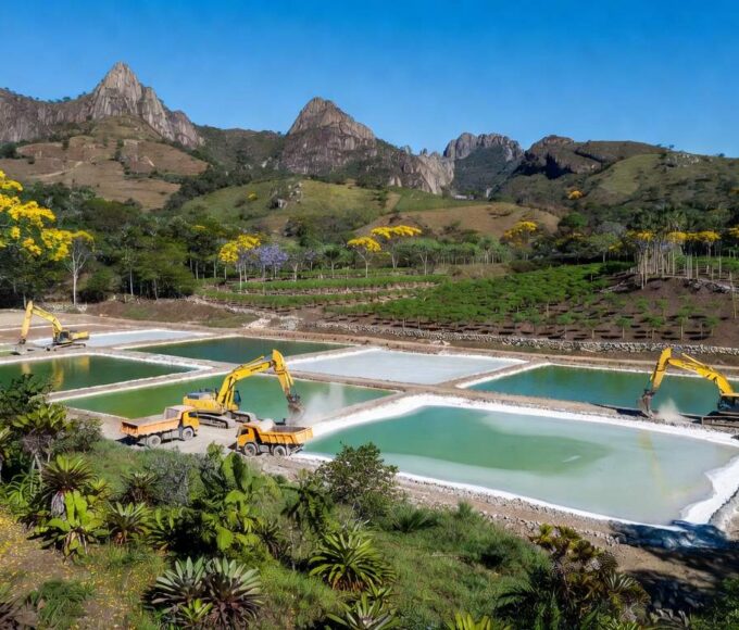 Operação de mineração sustentável em Minas Gerais, com maquinário e paisagem preservada para projetos em minerais críticos.