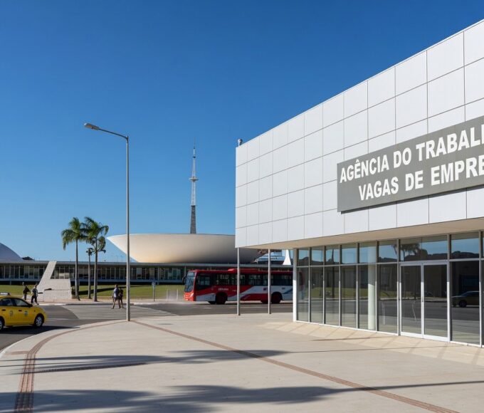 Edifício de agência do trabalhador no Distrito Federal com sinalização de vagas de emprego e arquitetura de Brasília ao fundo.