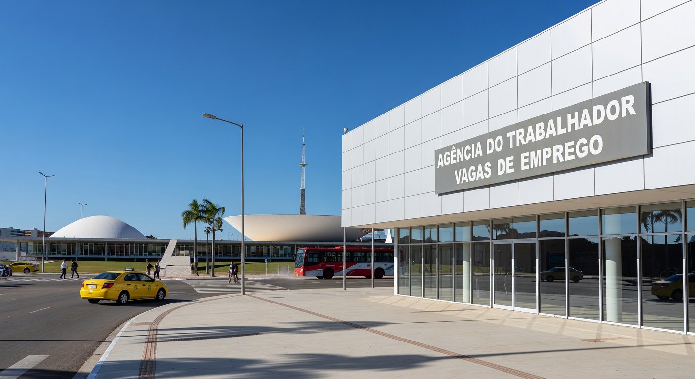 Edifício de agência do trabalhador no Distrito Federal com sinalização de vagas de emprego e arquitetura de Brasília ao fundo.