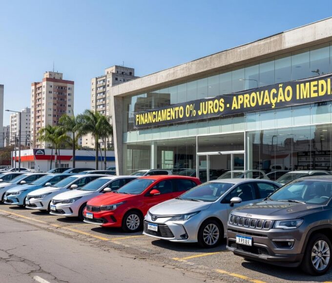 Concessionária de veículos em São Paulo com carros novos expostos, ilustrando crescimento de 9,2% no financiamento de veículos no Brasil.