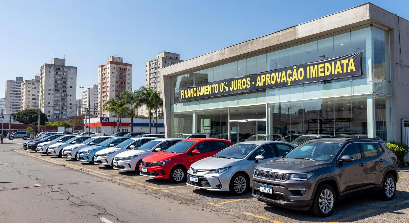 Concessionária de veículos em São Paulo com carros novos expostos, ilustrando crescimento de 9,2% no financiamento de veículos no Brasil.