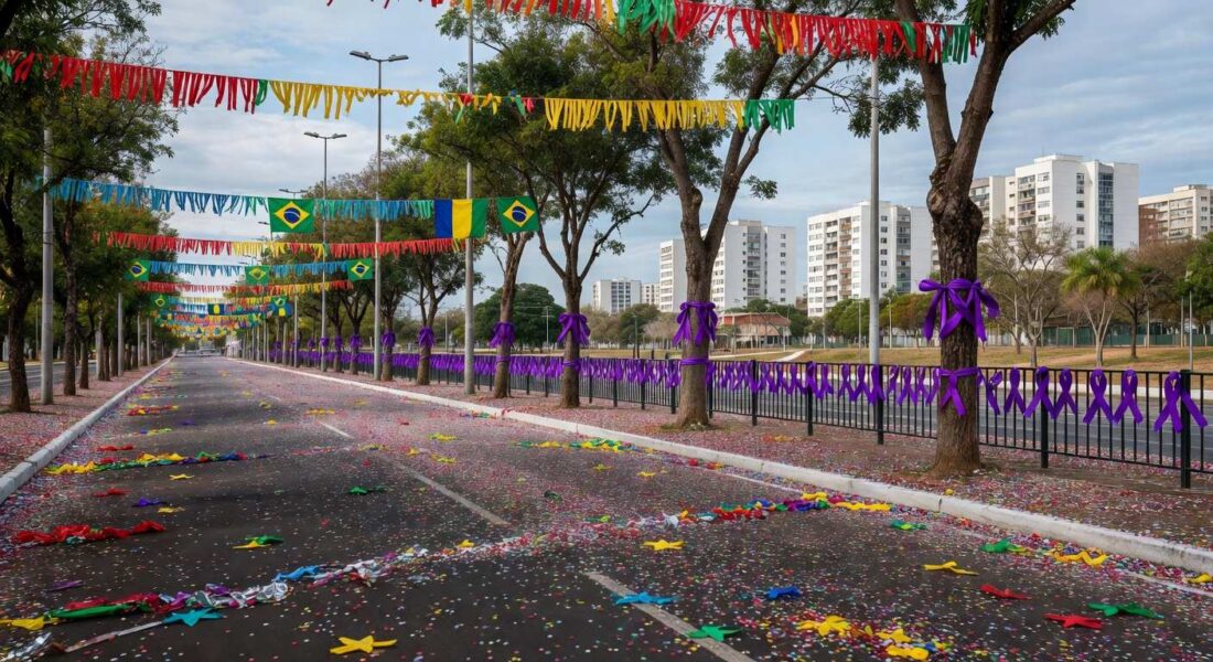 Rua em Brasília decorada para Carnaval com fitas roxas simbolizando campanha contra assédio em blocos.