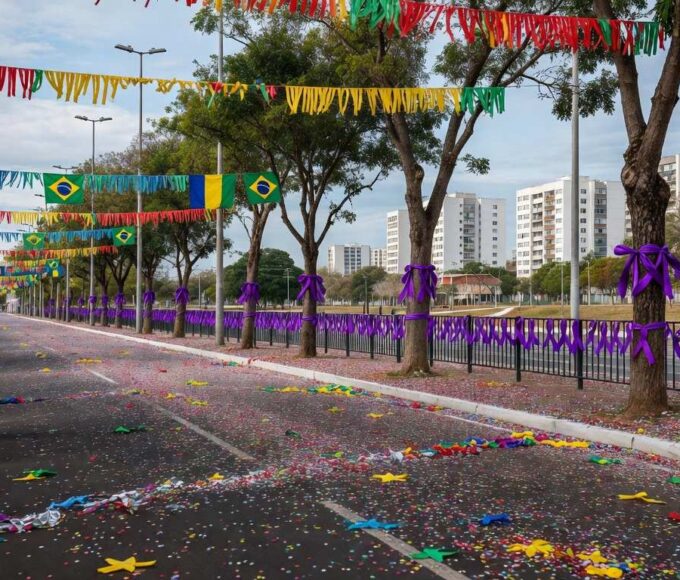 Rua em Brasília decorada para Carnaval com fitas roxas simbolizando campanha contra assédio em blocos.