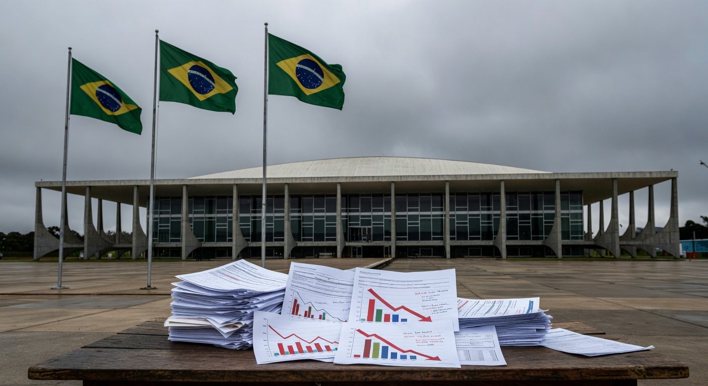 Sala de audiência pública na Câmara Legislativa do DF com documentos de falhas fiscais expostos, em Brasília.