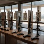 Clube de tiro vazio no Distrito Federal com armas expostas e alvos perfurados, alertando sobre proliferação de armas.