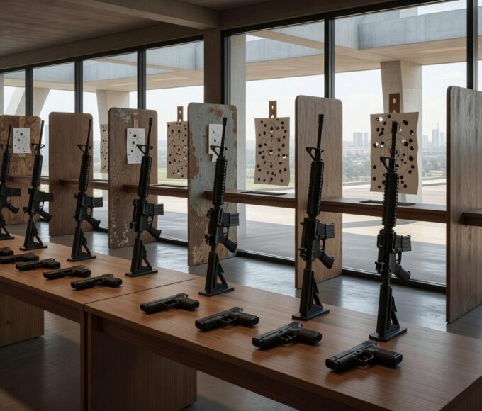 Clube de tiro vazio no Distrito Federal com armas expostas e alvos perfurados, alertando sobre proliferação de armas.