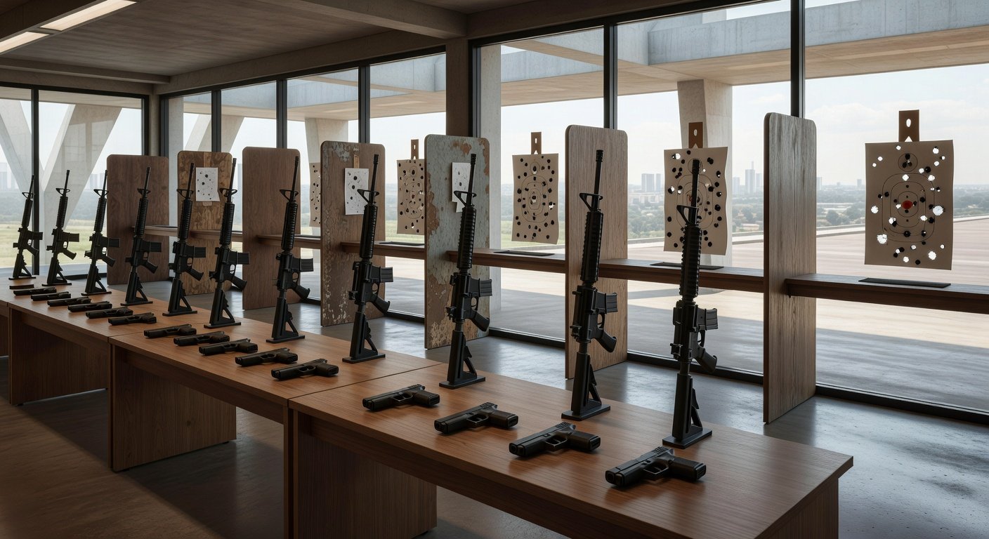 Clube de tiro vazio no Distrito Federal com armas expostas e alvos perfurados, alertando sobre proliferação de armas.