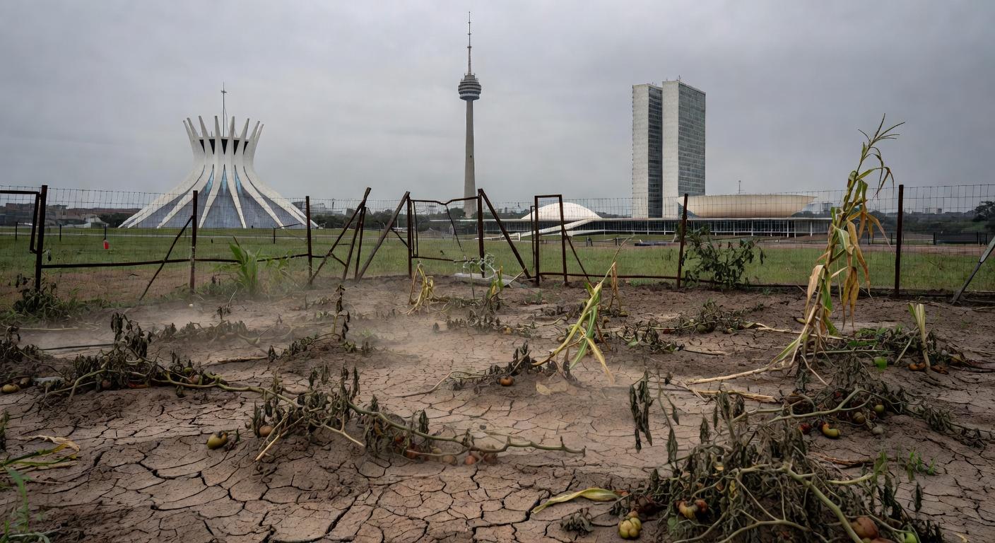 Área de agricultura urbana abandonada em Brasília, com plantações secas e negligenciadas, destacando falhas expostas pela CLDF.
