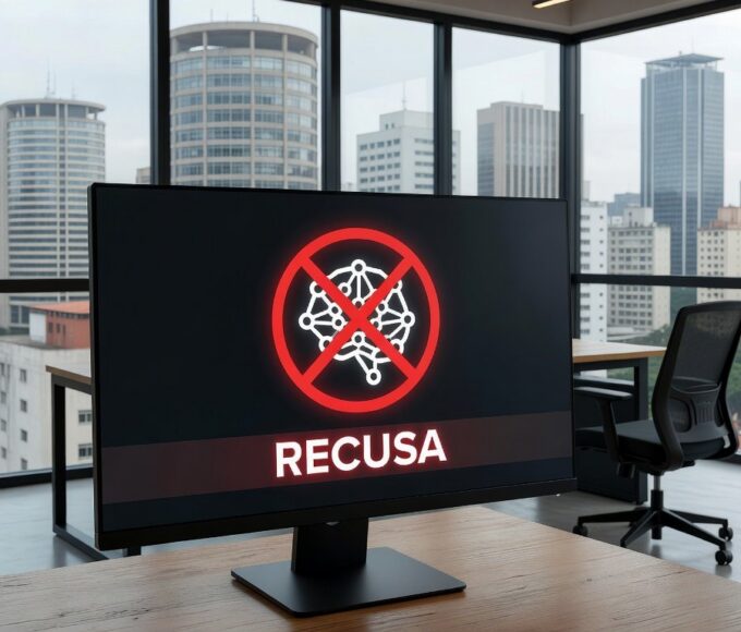 Tela de computador com símbolo de IA recusando geração de notícia por falta de dados factuais, em escritório brasileiro.