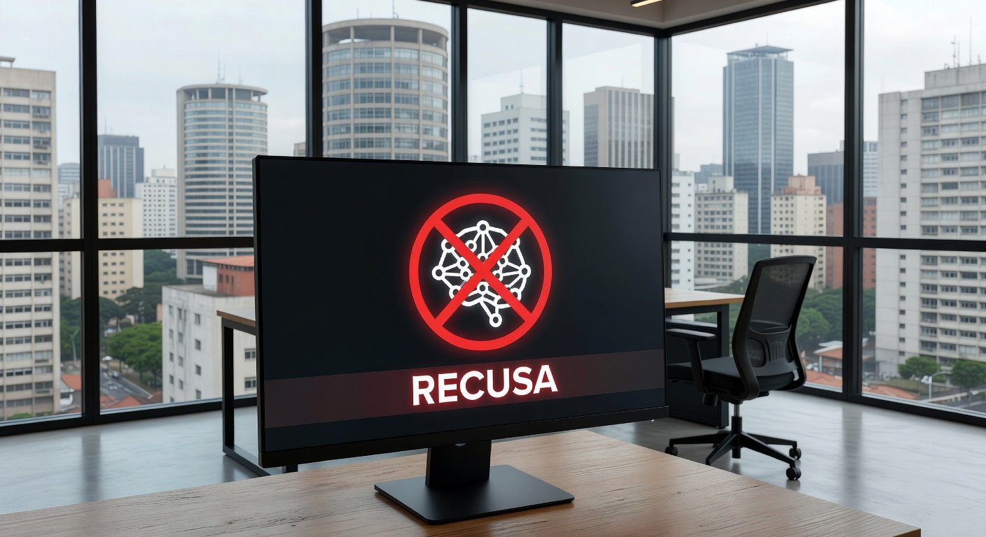 Tela de computador com símbolo de IA recusando geração de notícia por falta de dados factuais, em escritório brasileiro.