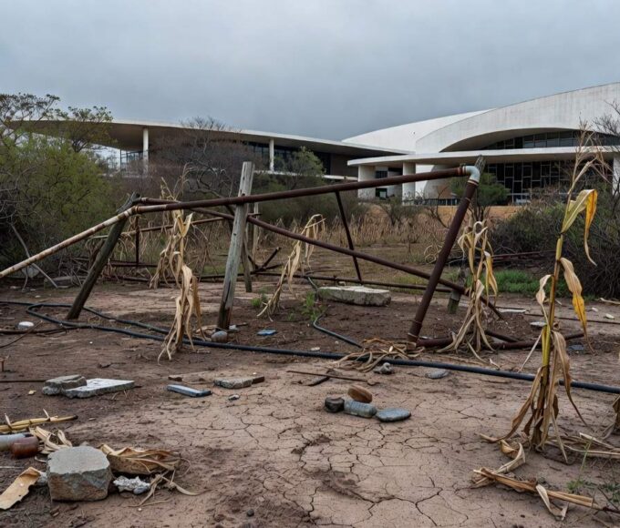 Horta urbana em Brasília com plantas murchas e estruturas deterioradas, expondo falhas na agricultura do DF.