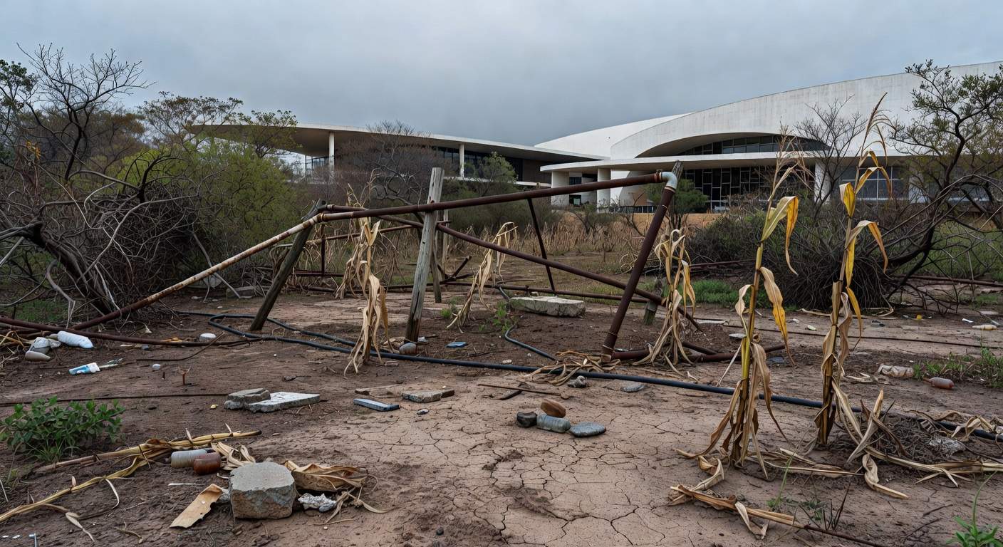 Horta urbana em Brasília com plantas murchas e estruturas deterioradas, expondo falhas na agricultura do DF.