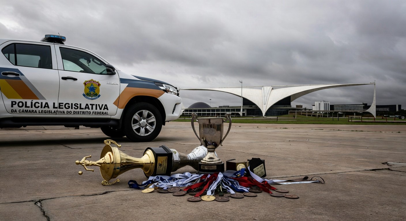 Edifício da CLDF em Brasília com viaturas policiais, representando críticas por Olimpíadas da Segurança Pública amid crise no DF.