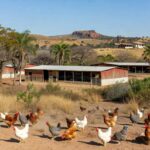 Granja de avicultura no DF com galinheiros e aves, representando apoio à produção local.
