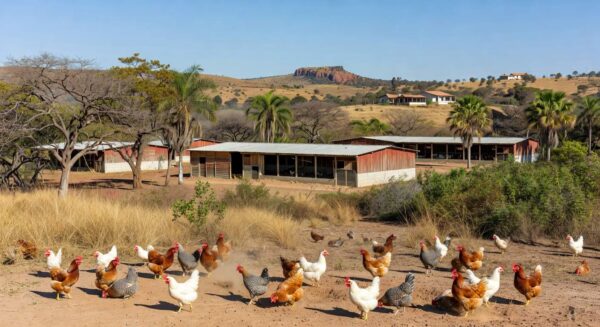 Granja de avicultura no DF com galinheiros e aves, representando apoio à produção local.