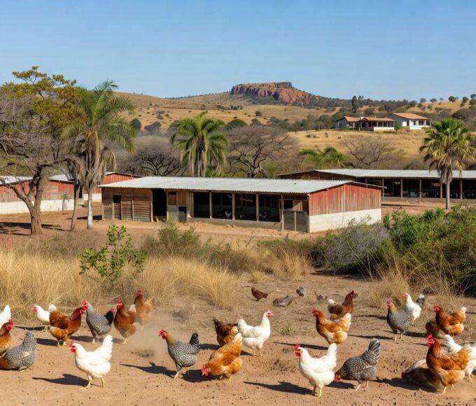 Granja de avicultura no DF com galinheiros e aves, representando apoio à produção local.