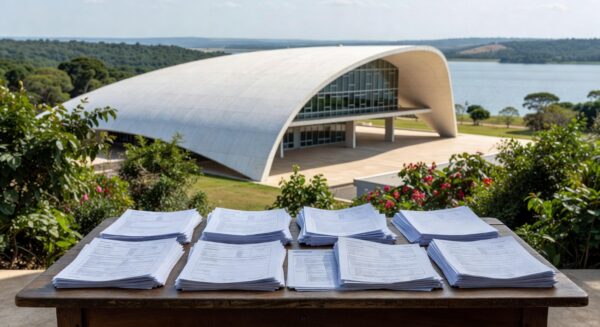 Mesa com pilhas de documentos burocráticos em escritório no DF, representando inscrições para conselho de Caesb e Adasa com burocracia que afasta consumidores.