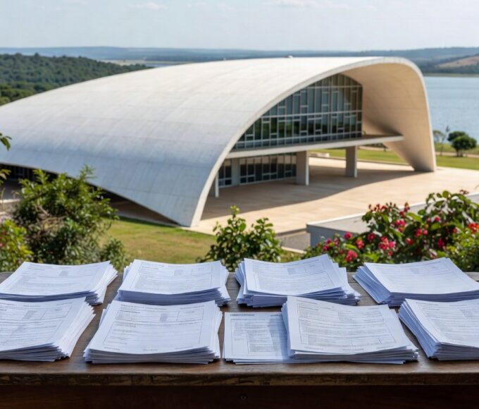 Mesa com pilhas de documentos burocráticos em escritório no DF, representando inscrições para conselho de Caesb e Adasa com burocracia que afasta consumidores.