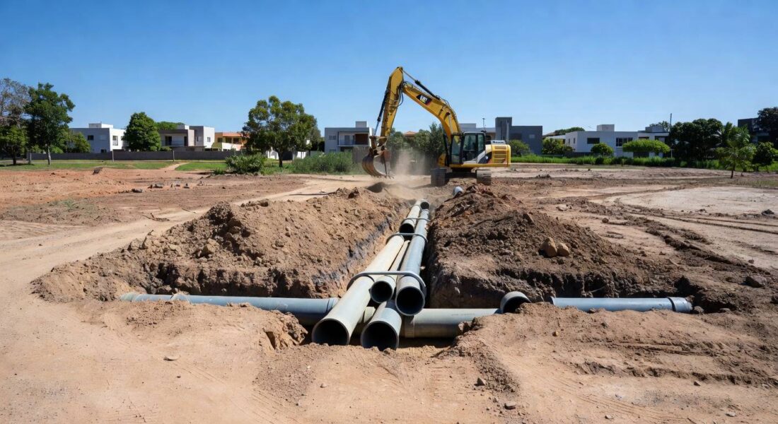 Obras de expansão de saneamento no Jardim Botânico e regiões leste de Brasília, com tubulações e escavações em área residencial arborizada.