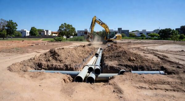 Obras de expansão de saneamento no Jardim Botânico e regiões leste de Brasília, com tubulações e escavações em área residencial arborizada.