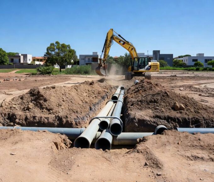Obras de expansão de saneamento no Jardim Botânico e regiões leste de Brasília, com tubulações e escavações em área residencial arborizada.