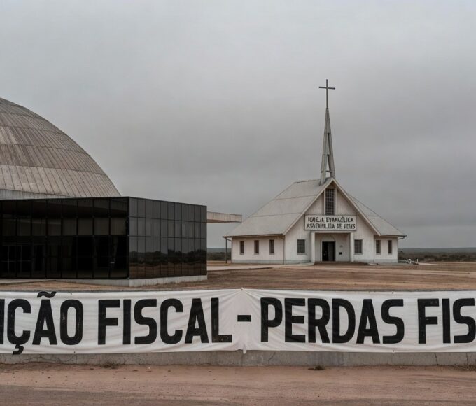 Fachada da Câmara Legislativa do DF com templo religioso ao fundo, representando isenção de taxas e temores de perdas fiscais.