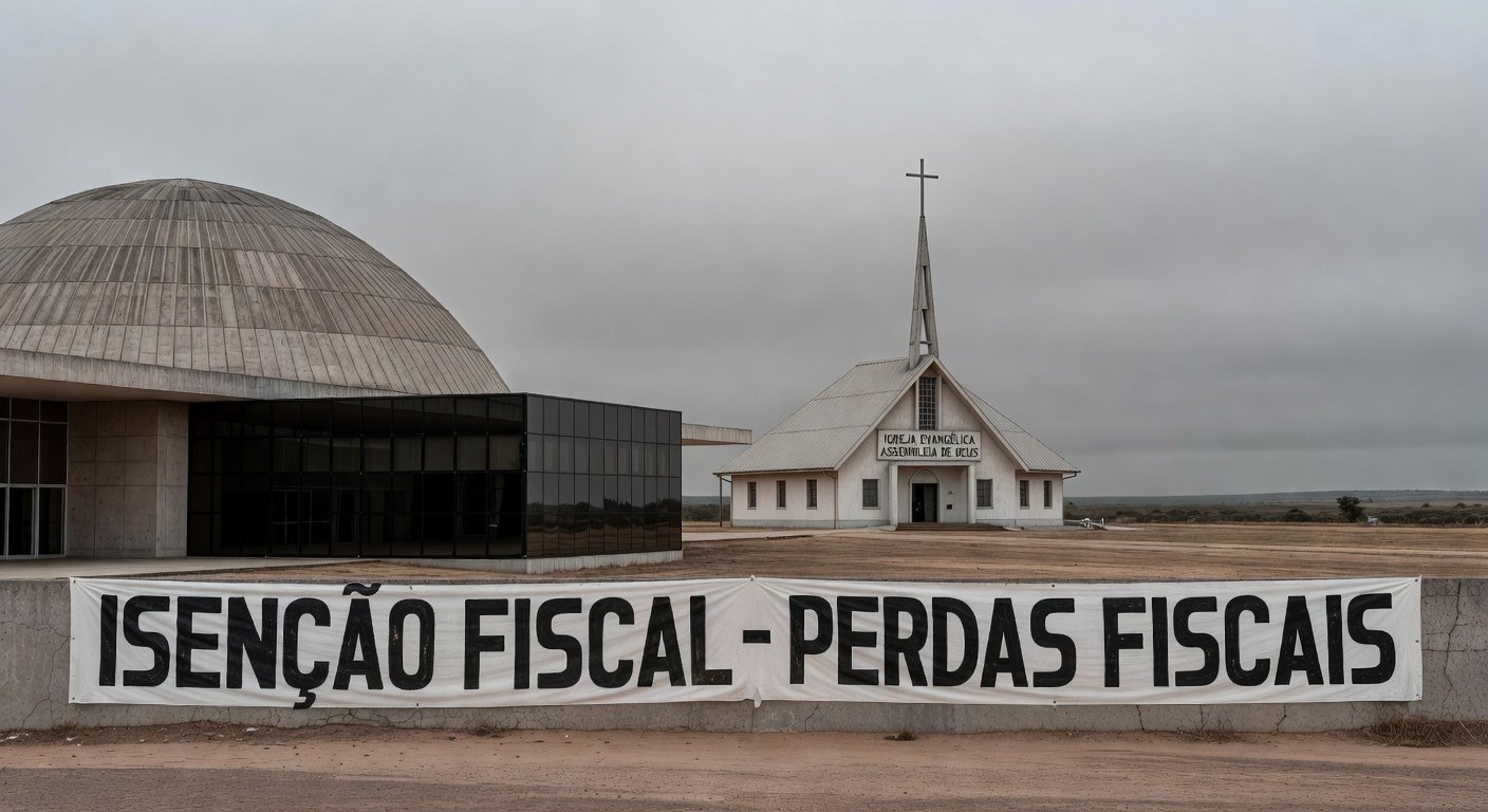 Fachada da Câmara Legislativa do DF com templo religioso ao fundo, representando isenção de taxas e temores de perdas fiscais.