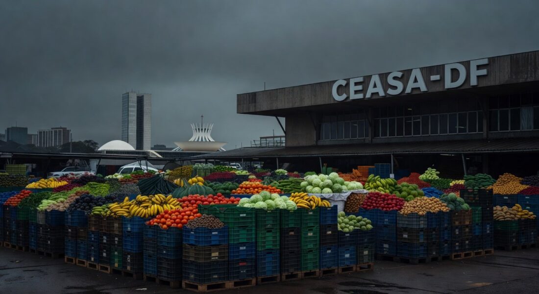 Fachada da Ceasa em Brasília com caixas de frutas vazias em dia chuvoso, representando críticas a gasto de R$ 15 milhões em tempos de crise.