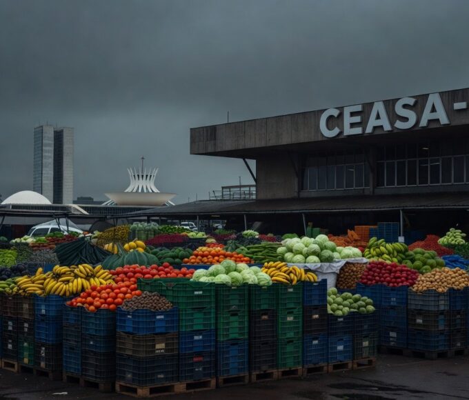 Fachada da Ceasa em Brasília com caixas de frutas vazias em dia chuvoso, representando críticas a gasto de R$ 15 milhões em tempos de crise.
