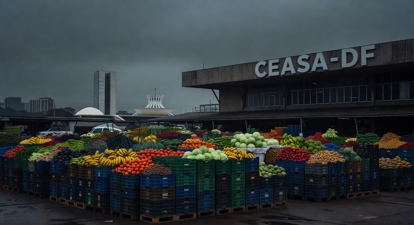 Fachada da Ceasa em Brasília com caixas de frutas vazias em dia chuvoso, representando críticas a gasto de R$ 15 milhões em tempos de crise.