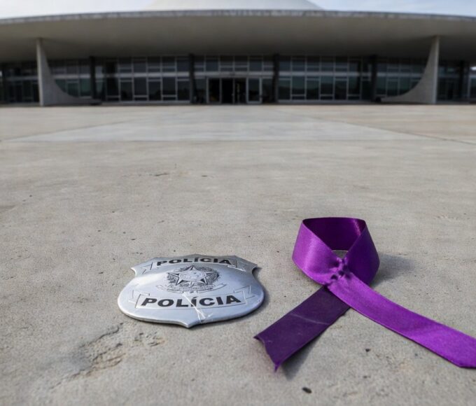 Edifício da CLDF em Brasília com viaturas policiais, simbolizando falhas na segurança e controvérsias sobre violência contra mulheres.