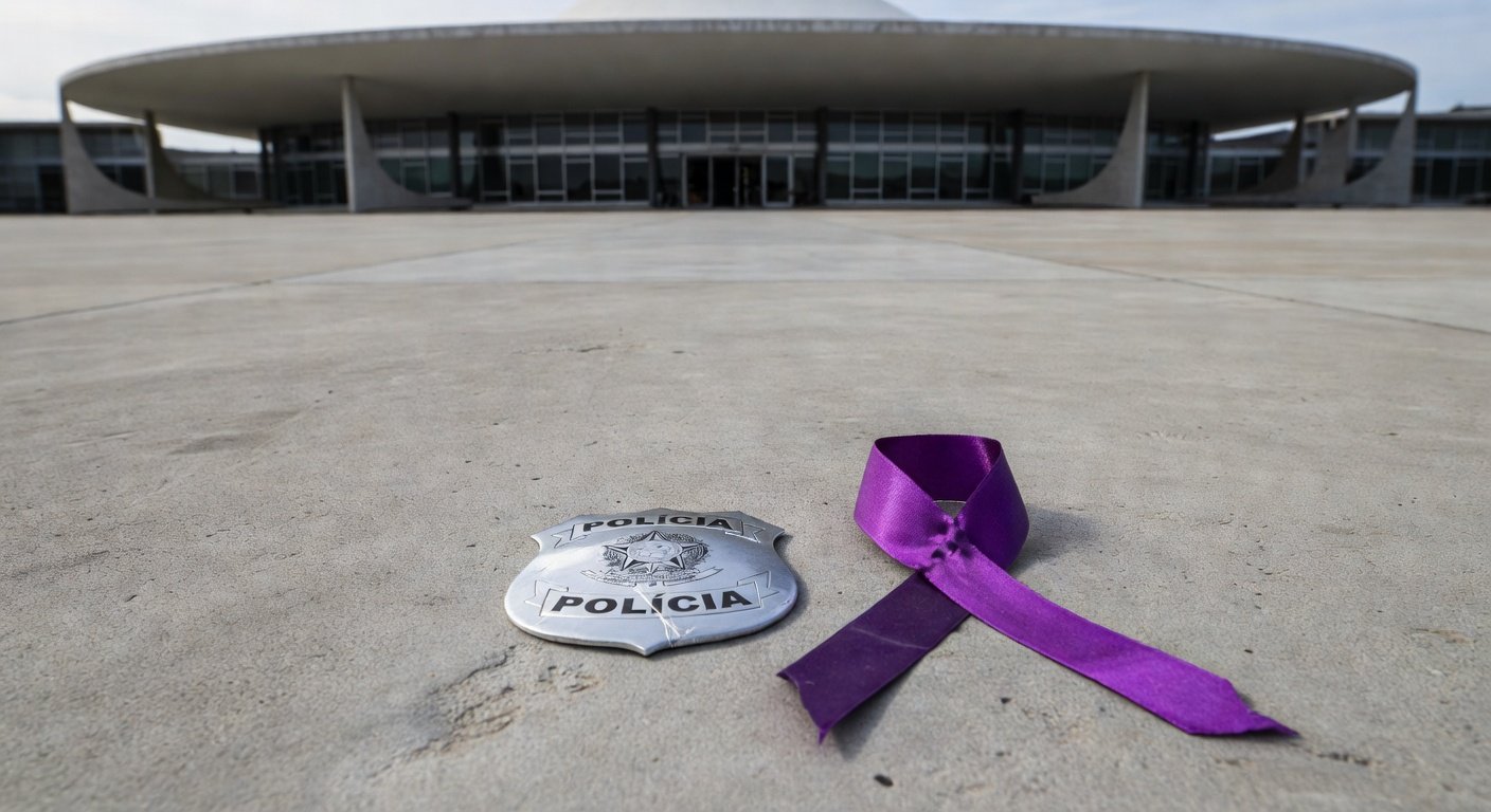 Edifício da CLDF em Brasília com viaturas policiais, simbolizando falhas na segurança e controvérsias sobre violência contra mulheres.