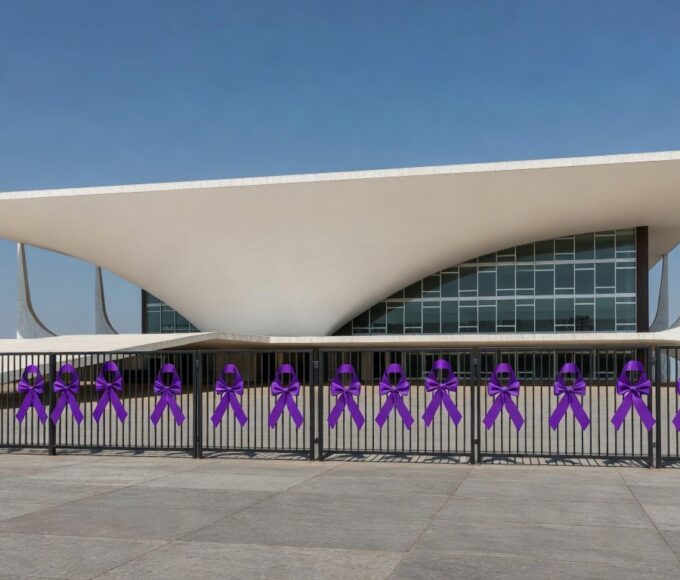 Edifício da CLDF em Brasília com laços roxos simbolizando falhas no combate à violência contra mulheres.