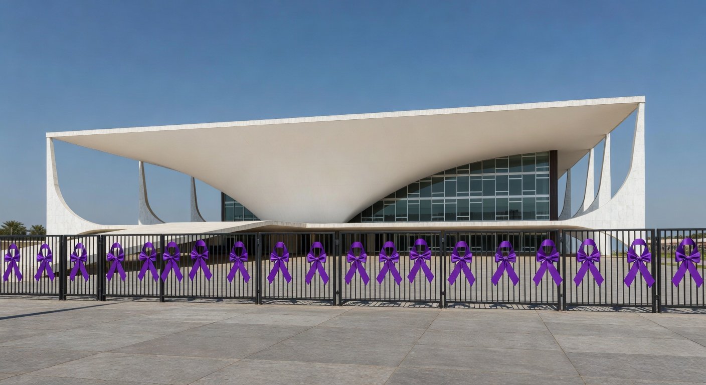 Edifício da CLDF em Brasília com laços roxos simbolizando falhas no combate à violência contra mulheres.