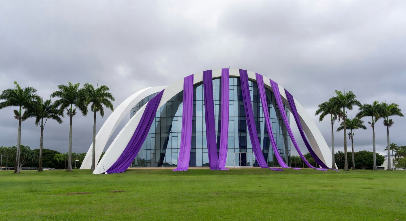 Edifício da CLDF em Brasília com banners da Semana da Mulher e cartazes de protesto contra desigualdade de gênero.